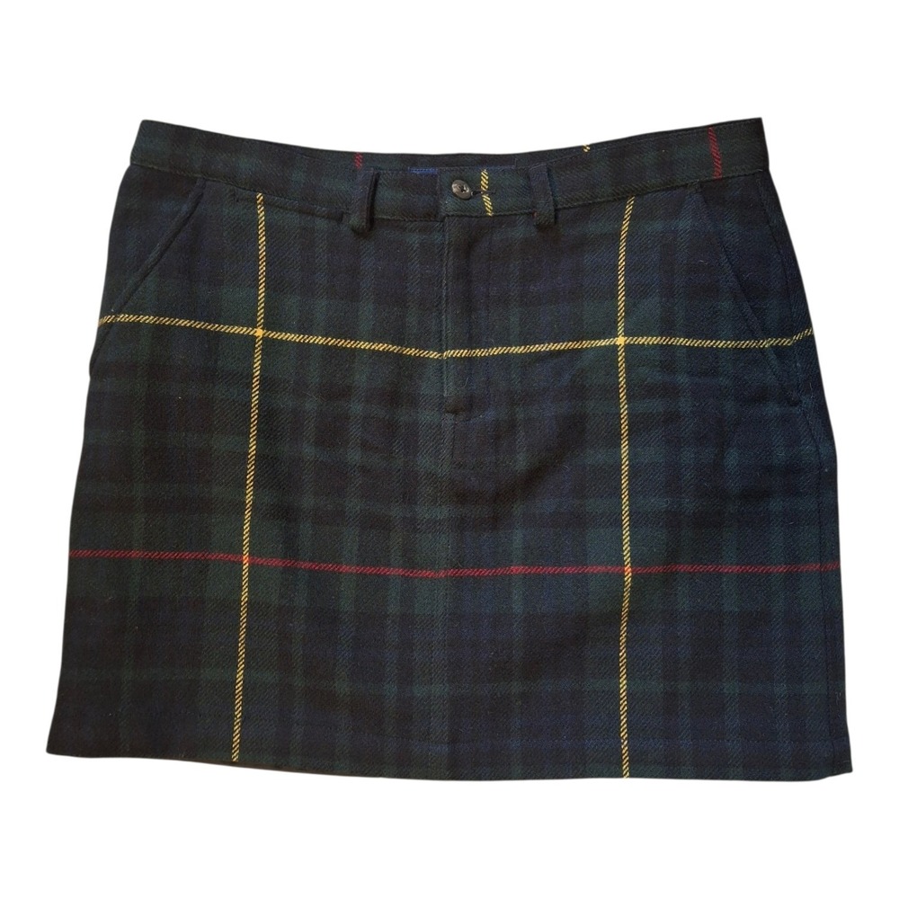 Vintage Ralph Lauren Sport Plaid Green Wool Mini Skirt Size 6 Classic Preppy